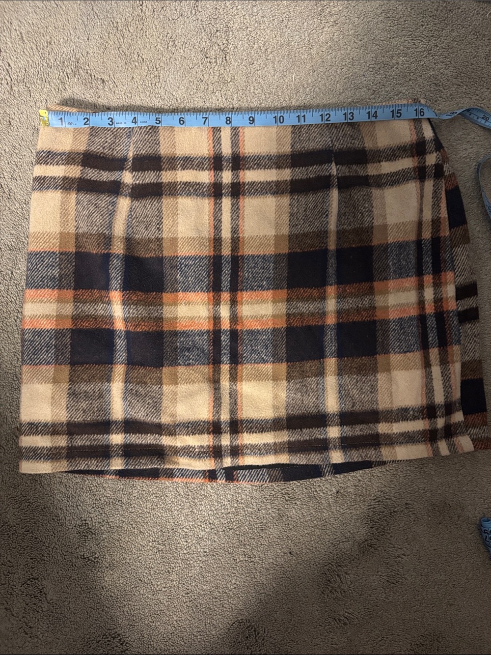 Plaid Mini Skirt in Beige, Navy and Orange